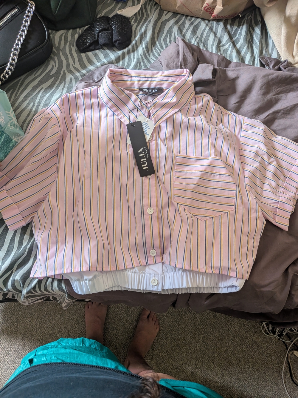 JULIA Pink Striped Cropped Button-Up Shirt